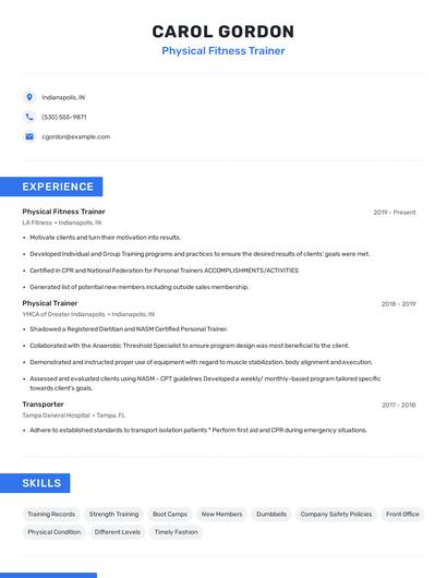 Physical Fitness Trainer Resume