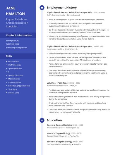 Physical Medicine And Rehabilitation Specialist Resume