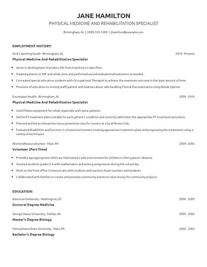 Physical Medicine And Rehabilitation Specialist Resume
