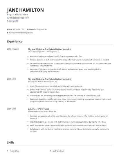 Physical Medicine And Rehabilitation Specialist Resume