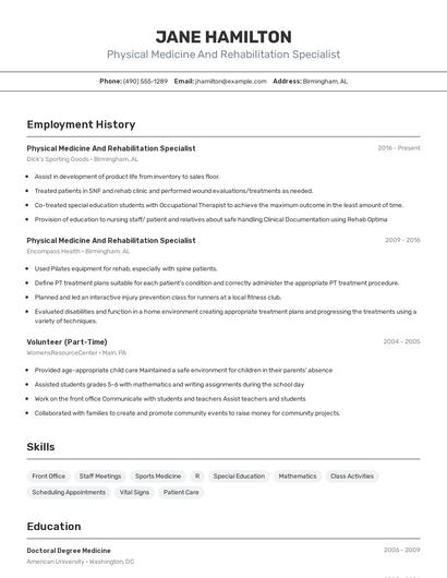 Physical Medicine And Rehabilitation Specialist Resume