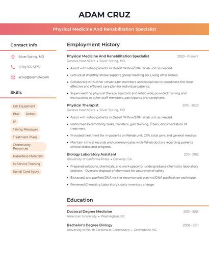 Physical Medicine And Rehabilitation Specialist Resume