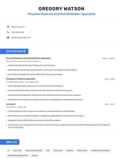 Physical Medicine And Rehabilitation Specialist Resume