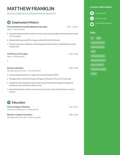 Physical Medicine And Rehabilitation Specialist Resume