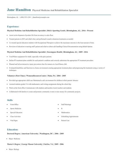Physical Medicine And Rehabilitation Specialist Resume