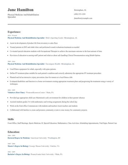 Physical Medicine And Rehabilitation Specialist Resume