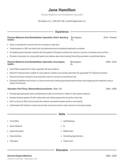 Physical Medicine And Rehabilitation Specialist Resume