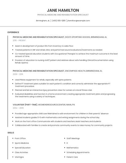 Physical Medicine And Rehabilitation Specialist Resume