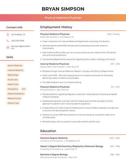 Physical Medicine Physician Resume