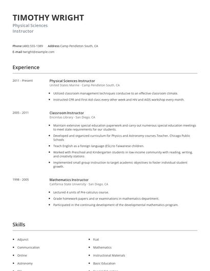 Physical Sciences Instructor Resume
