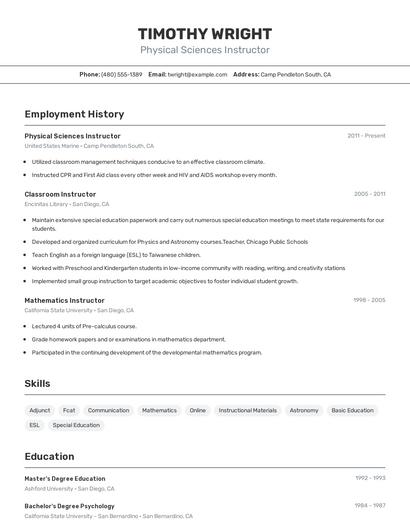 Physical Sciences Instructor Resume