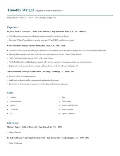 Physical Sciences Instructor Resume