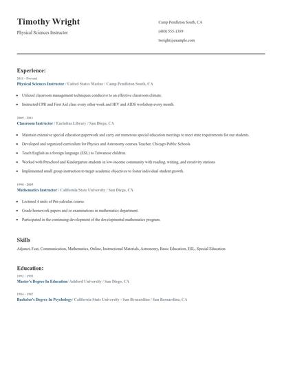 Physical Sciences Instructor Resume