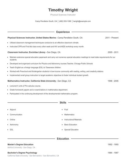 Physical Sciences Instructor Resume