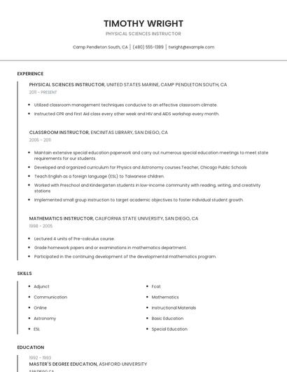 Physical Sciences Instructor Resume