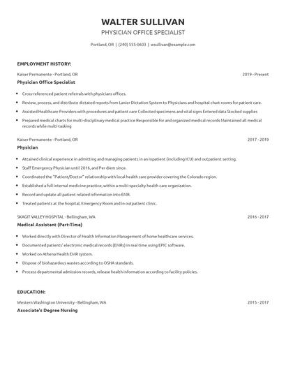 Physician Office Specialist Resume