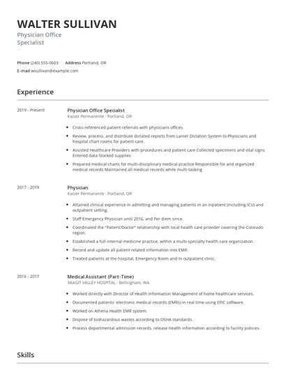 Physician Office Specialist Resume