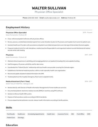 Physician Office Specialist Resume
