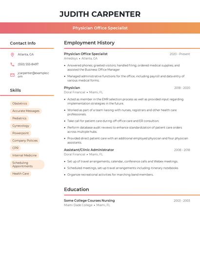 Physician Office Specialist Resume