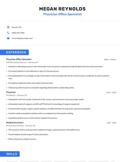 Physician Office Specialist Resume