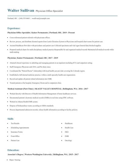 Physician Office Specialist Resume