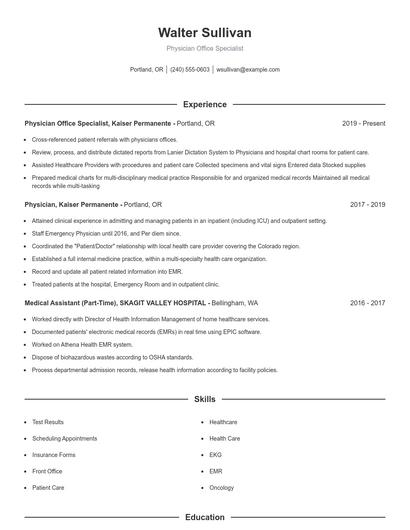 Physician Office Specialist Resume