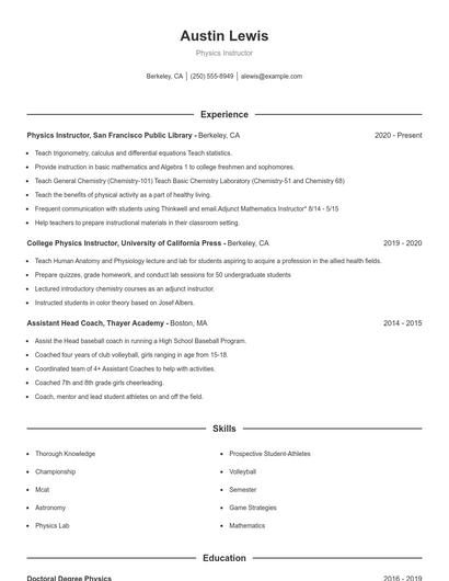 Physics Instructor Resume