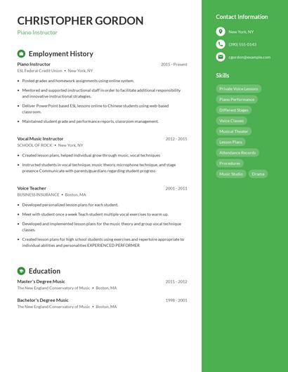 Piano Instructor Resume