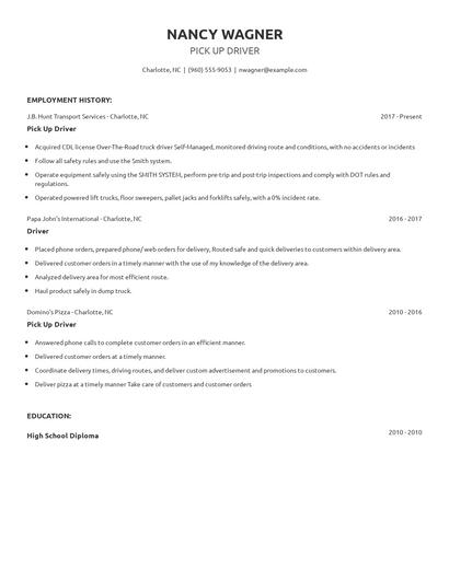 Pick Up Driver Resume