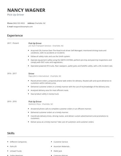Pick Up Driver Resume