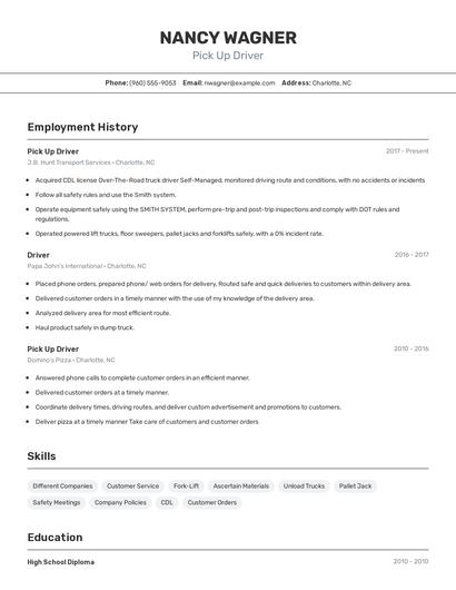 Pick Up Driver Resume