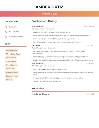 Pick Up Driver Resume