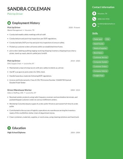 Pick Up Driver Resume