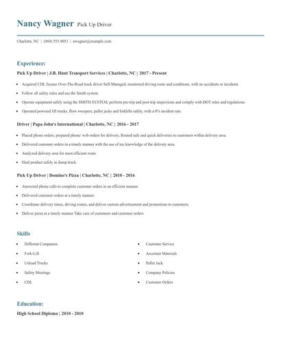 Pick Up Driver Resume