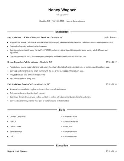 Pick Up Driver Resume