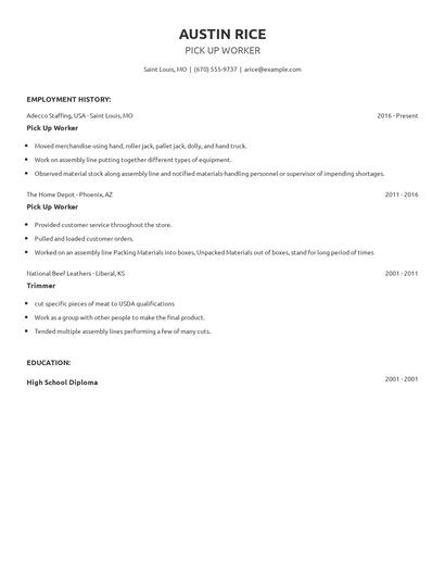 Pick Up Worker Resume