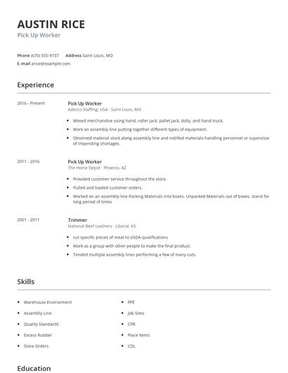 Pick Up Worker Resume