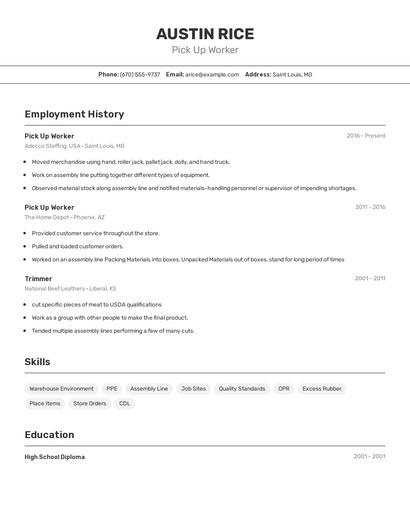 Pick Up Worker Resume