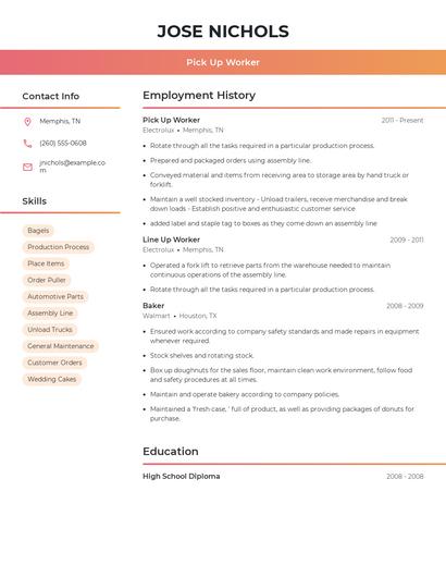 Pick Up Worker Resume