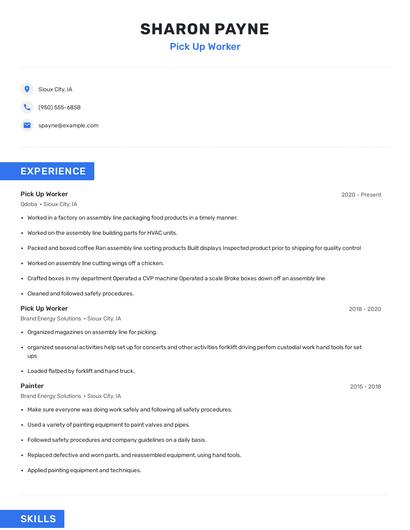 Pick Up Worker Resume