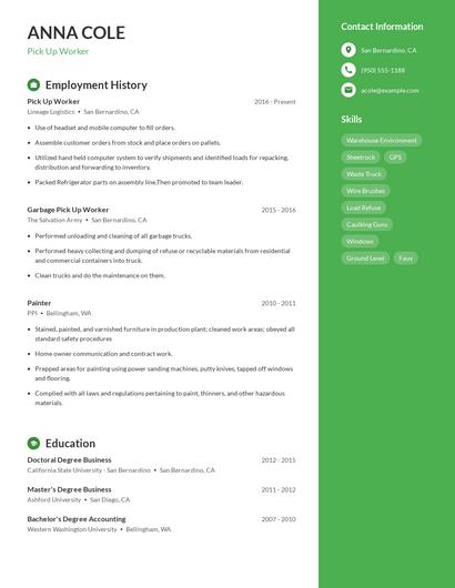 Pick Up Worker Resume