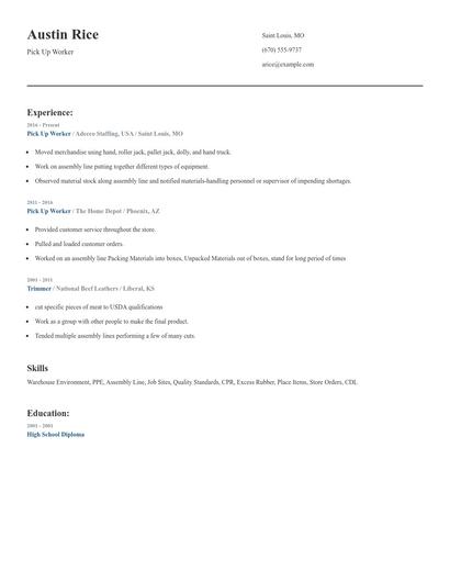 Pick Up Worker Resume