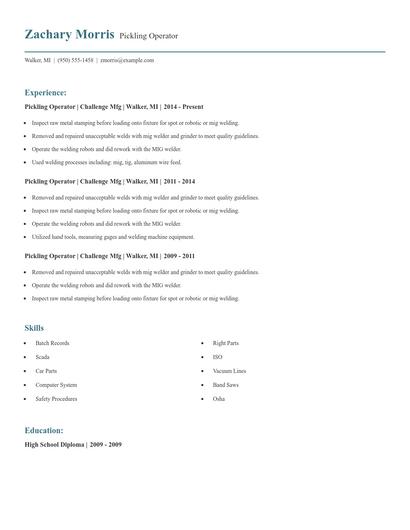 Pickling Operator Resume