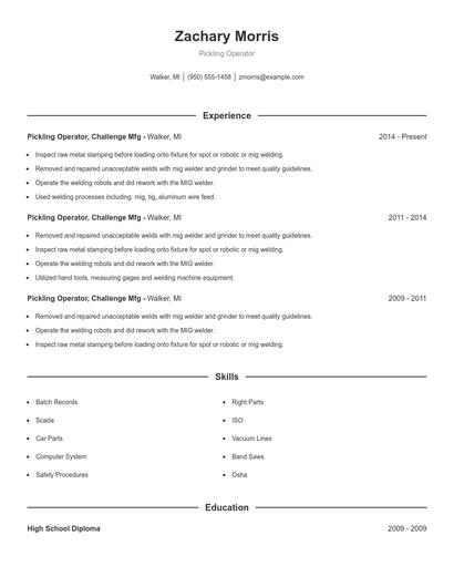 Pickling Operator Resume