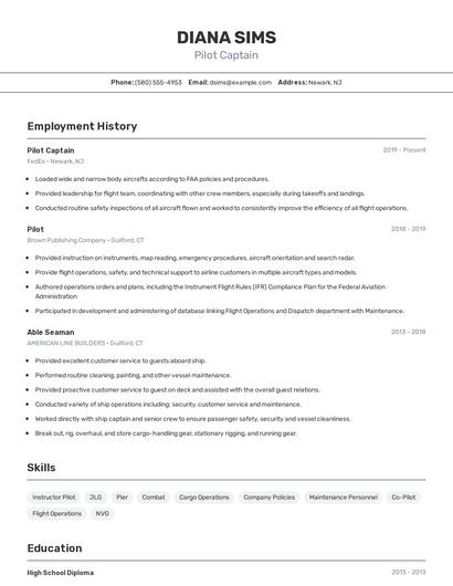 Pilot Captain Resume