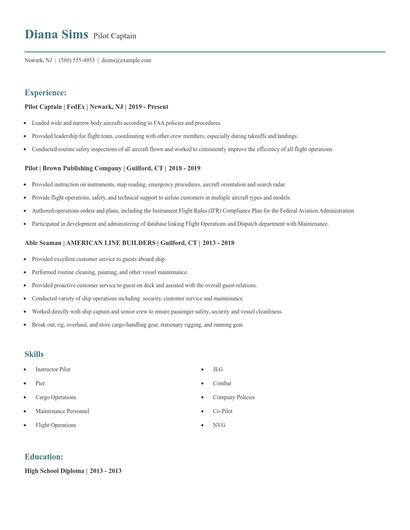 Pilot Captain Resume