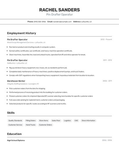 Pin Drafter Operator Resume