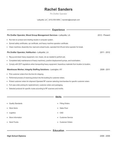 Pin Drafter Operator Resume
