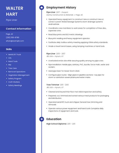 Pipe Liner Resume