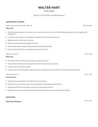 Pipe Liner Resume